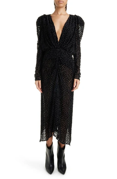 Isabel Marant Maray Velvet Dot Long Sleeve Stretch Silk Midi Dress In Black