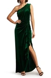 Tadashi Shoji One-shoulder Velvet Column Gown In Pine