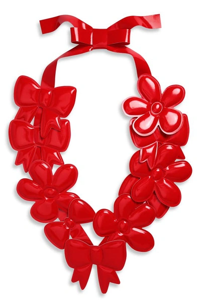 Comme Des Garcons Girl Bow & Flower Appliqué Faux Leather Necklace In Red