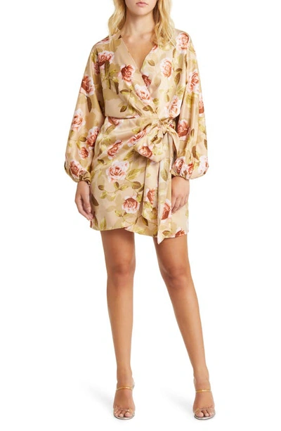 Wayf Amour Floral Long Sleeve Wrap Dress In Champagne Roses