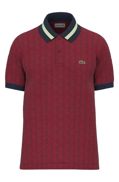 Lacoste Monogram Jacquard Polo In Swm Pinot/ Rouge