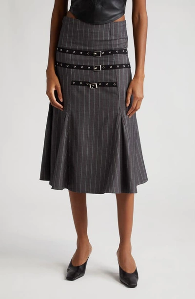 Miaou Alma Pinstripe Buckle Strap Skirt In Dark Grey Stripe