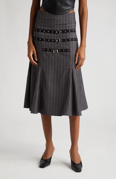 Miaou Alma Pinstripe Buckle Strap Skirt In Dark Gray Stripe