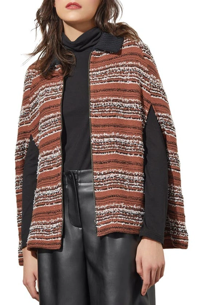 Ming Wang Zip Front Knit Cape In Chestnut/ Black/ Ivory