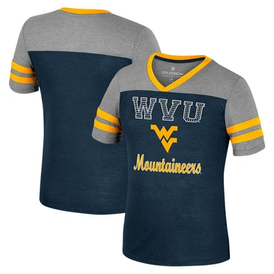 Colosseum Kids' Girls Youth  Navy/heather Gray West Virginia Mountaineers Summer Striped V-neck T-shirt
