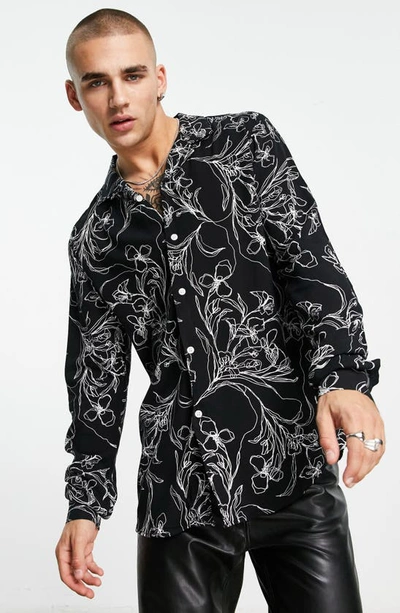 Asos Design Scribble Floral Long Sleeve Camp Shirt In Black