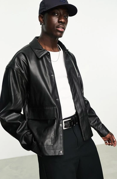 Asos Design Oversize Faux Leather Shacket In Black