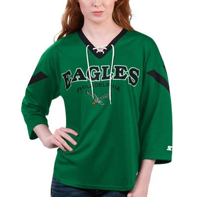 Starter Women's  Green Philadelphia Eagles Rally Lace-up 3/4 Sleeve T-shirt