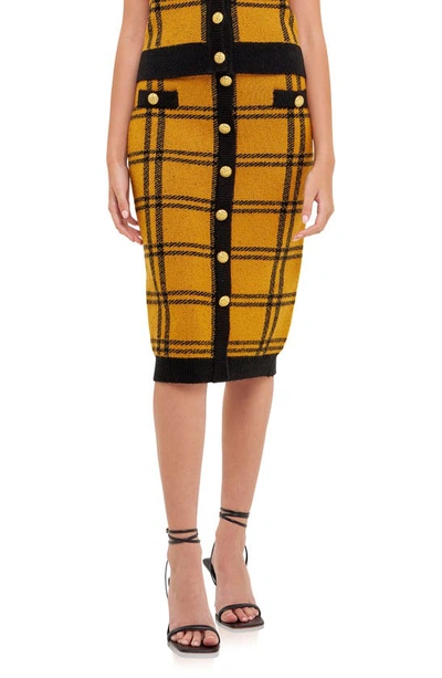 English Factory Plaid Double Knit Midi Pencil Skirt In Yellow,black