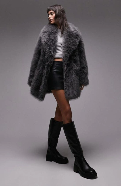 Topshop Mid Length Faux Fur Coat In Gray