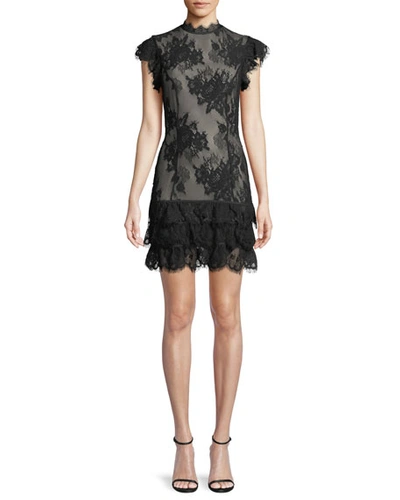 Misha Fiona Sheer Floral Lace Mini Cocktail Dress In Black
