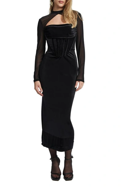 Bardot Castila Cutout Long Sleeve Corset Bodice Velvet Dress In Black
