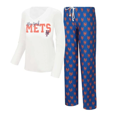 Concepts Sport White/royal New York Mets Long Sleeve V-neck T-shirt & Gauge Pants Sleep Set