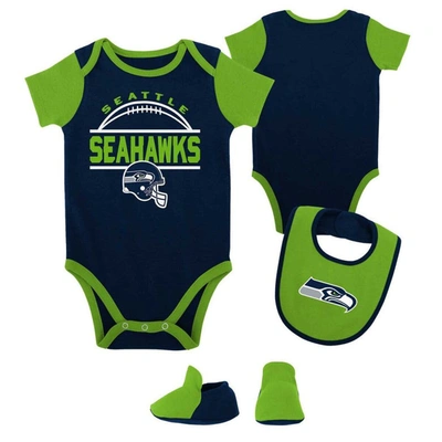 Outerstuff Babies' Newborn & Infant College Navy/neon Green Seattle Seahawks Home Field Advantage Three-piece Bodysuit,