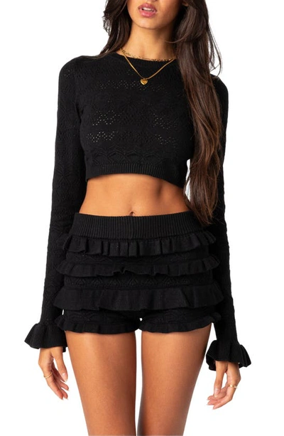 Edikted Delana Ruffle Cuff Pointelle Crop Sweater In Black