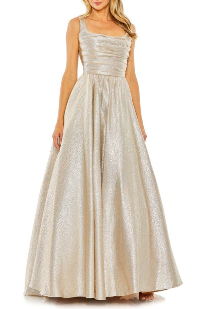 Mac Duggal Metallic Pleated Bodice Ballgown In Oyster