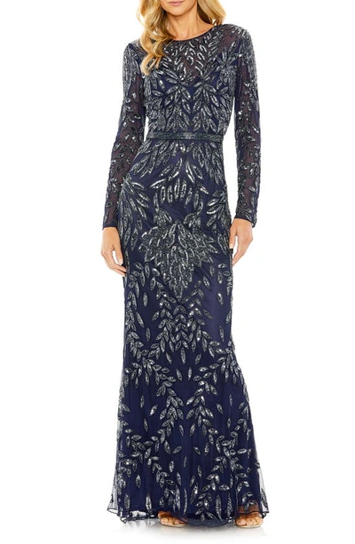 Mac Duggal Sequin Overlay Long Sleeve Gown In Midnight