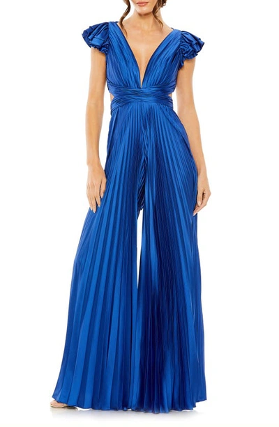 Mac Duggal Ruffle Cap Sleeve Cutout Heat Pleated Jumpsuit In Blue