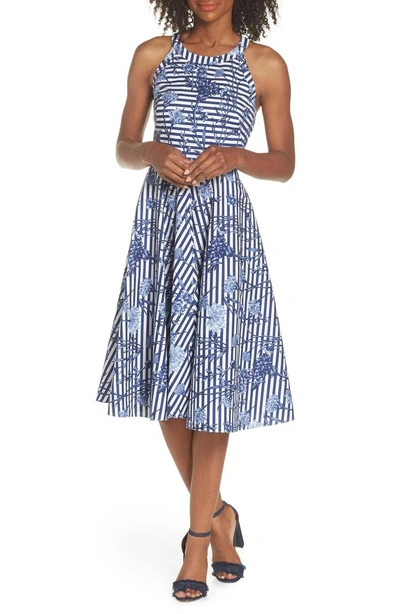 Eliza J Floral Stripe Halter Fit & Flare Poplin Dress In Blue/ White |  ModeSens