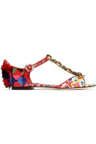 Dolce & Gabbana Crystal-embellished Fringe-trimmed Printed Patent-leather Sandals In Red