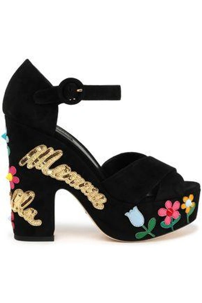 Dolce & Gabbana Woman Mamma Bella Appliquéd Suede Platform Sandals Black