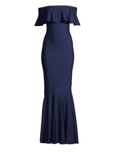 Herve Leger Off-the-shoulder Trumpet Bandage Evening Gown W/ Ruffled Overlay In Classic Blue