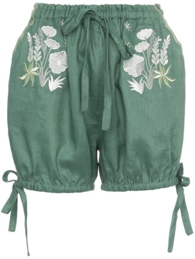 Innika Choo Bloomers Floral Embroidered Linen Shorts - Green