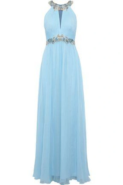 Marchesa Notte Woman Embellished Pleated Silk-chiffon Gown Sky Blue