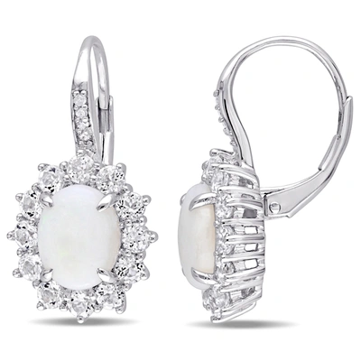 Mimi & Max 3 7/8ct Tgw Opal, White Topaz And Diamond Accent Halo Leverback Earrings In Sterling Silver