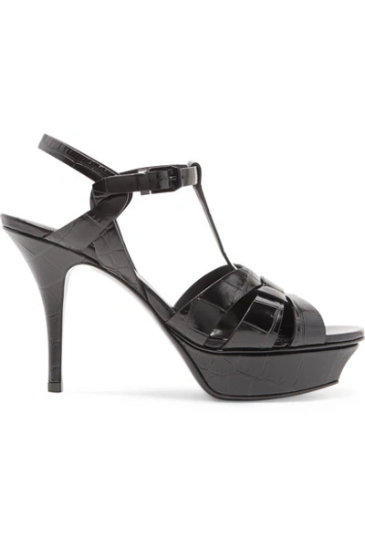 Saint Laurent Tribute Croc-effect Leather Platform Sandals In Black