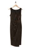 Connected Apparel Metallic Sleeveless Faux Wrap Dress In Copper
