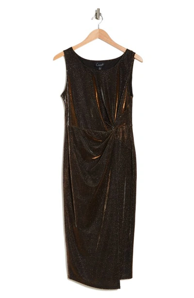 Connected Apparel Metallic Sleeveless Faux Wrap Dress In Copper