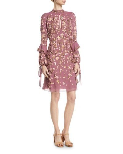 J Mendel High-neck Long-sleeve Floral-embroidered Silk A-line Dress In Lavender