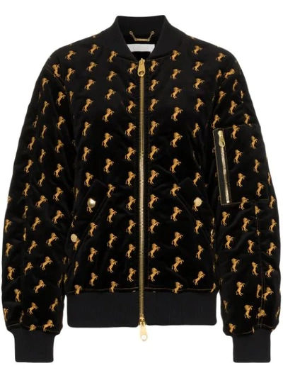 Chloé Zip-front Horse-embroidered Velvet Bomber Jacket In Black