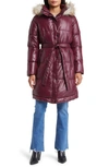 Sam Edelman Belted Puffer Coat With Faux Fur Trim Hood In Bordeaux