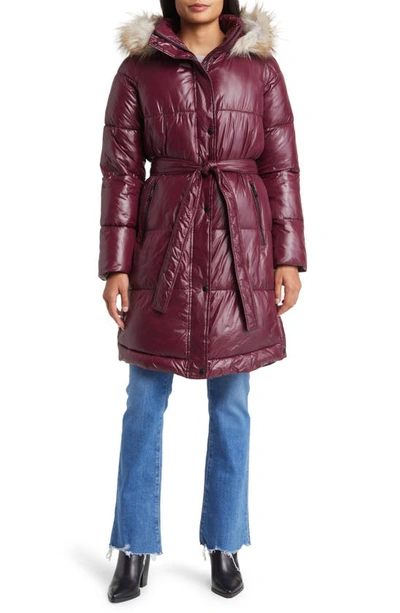 Sam Edelman Belted Puffer Coat With Faux Fur Trim Hood In Bordeaux