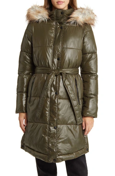 Sam Edelman Belted Puffer Coat With Faux Fur Trim Hood In Tuscan Olive
