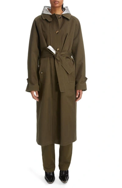 Rabanne Metallic Detail Cotton Gabardine Trench Coat In Dark Green