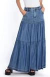 Wash Lab Denim Contrast Tiered Denim Maxi Skirt In High Denim