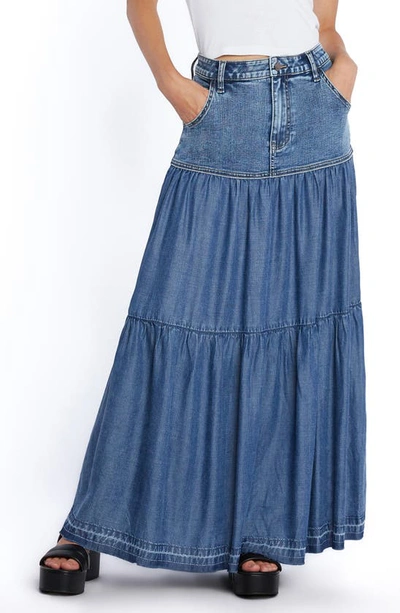 Wash Lab Denim Contrast Tiered Denim Maxi Skirt In High Denim