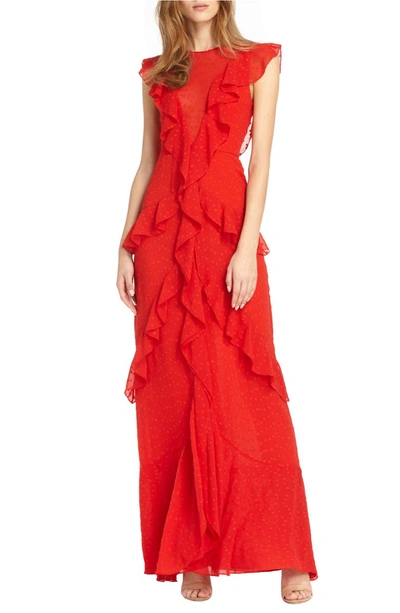 ml Monique Lhuillier Draped Ruffle Gown W/ Cap Sleeves In Sangria