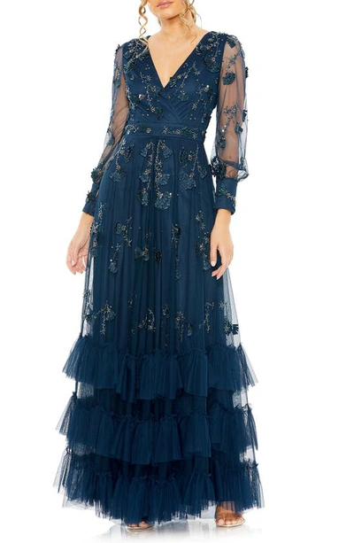 Mac Duggal Embellished Long Sleeve Tulle Gown In Twilight