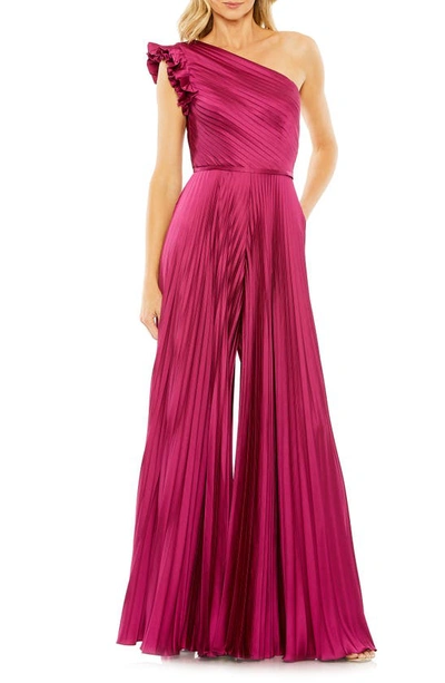 Mac Duggal One Shoulder Pleat Wide Leg Jumpsuit In Berry