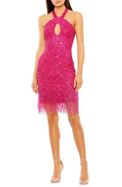 Mac Duggal Bead & Fringe Minidress In Magenta