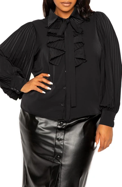 Buxom Couture Tie Neck Pleated Sleeve Top In Black