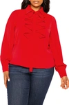 Buxom Couture Tie Neck Pleated Sleeve Top In Red