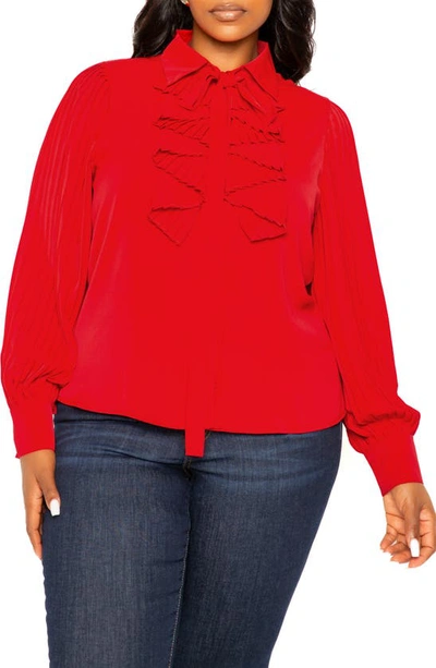 Buxom Couture Tie Neck Pleated Sleeve Top In Red