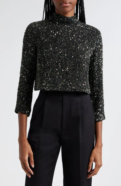 Twp Moonage Dream Sequin Mock Neck Silk Crop Top In Hunter Green