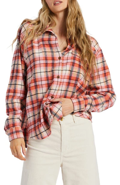 Billabong Best Time Oversize Plaid Cotton Flannel Shirt In Hibiscus