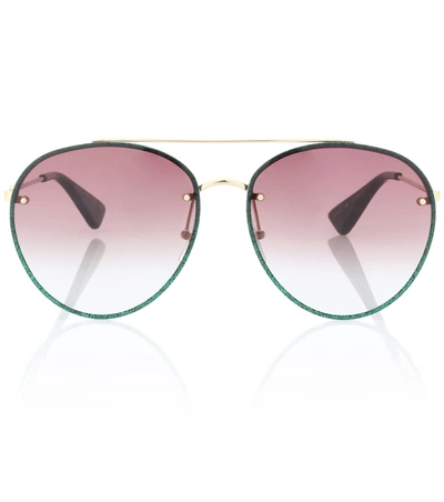 Gucci Green Glitter Aviator Sunglasses In Female
